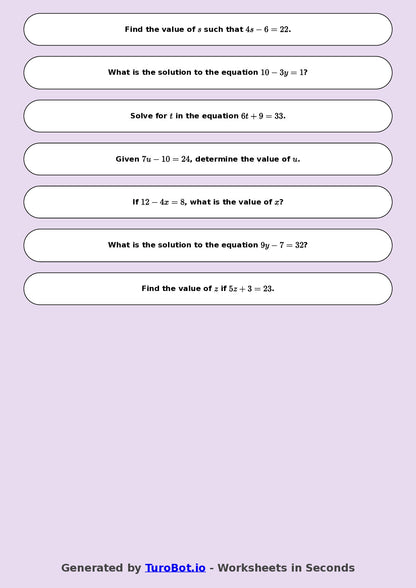 Math - One Step Equations Exercise 9 - Year 7 - Exercise 9