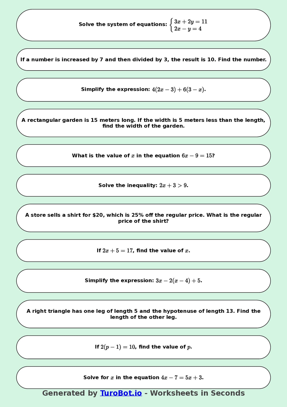 Math - Two Step Equations Exercise 1 - Year 7