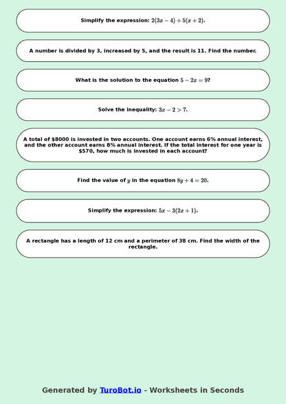 Math - Two Step Equations Exercise 1 - Year 7