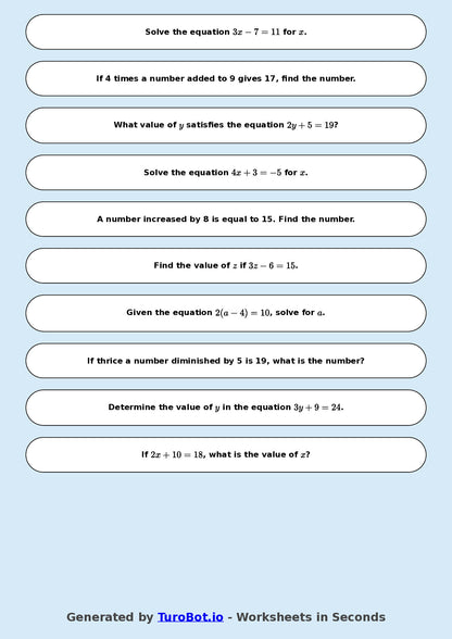 Math - Two Step Equations Exercise 10 - Year 7 - Exercise 10