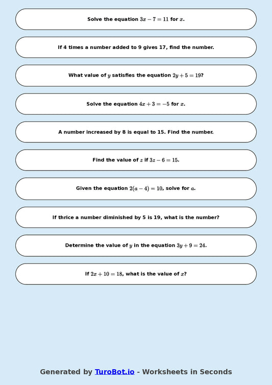 Math - Two Step Equations Exercise 10 - Year 7 - Exercise 10