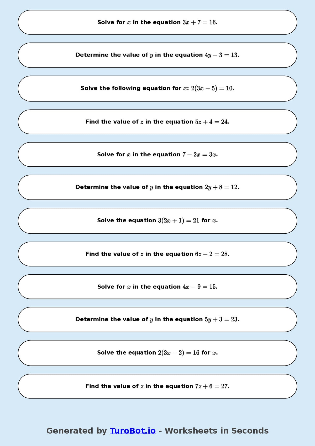 Math - Two Step Equations Exercise 3 - Year 7 - Exercise 3