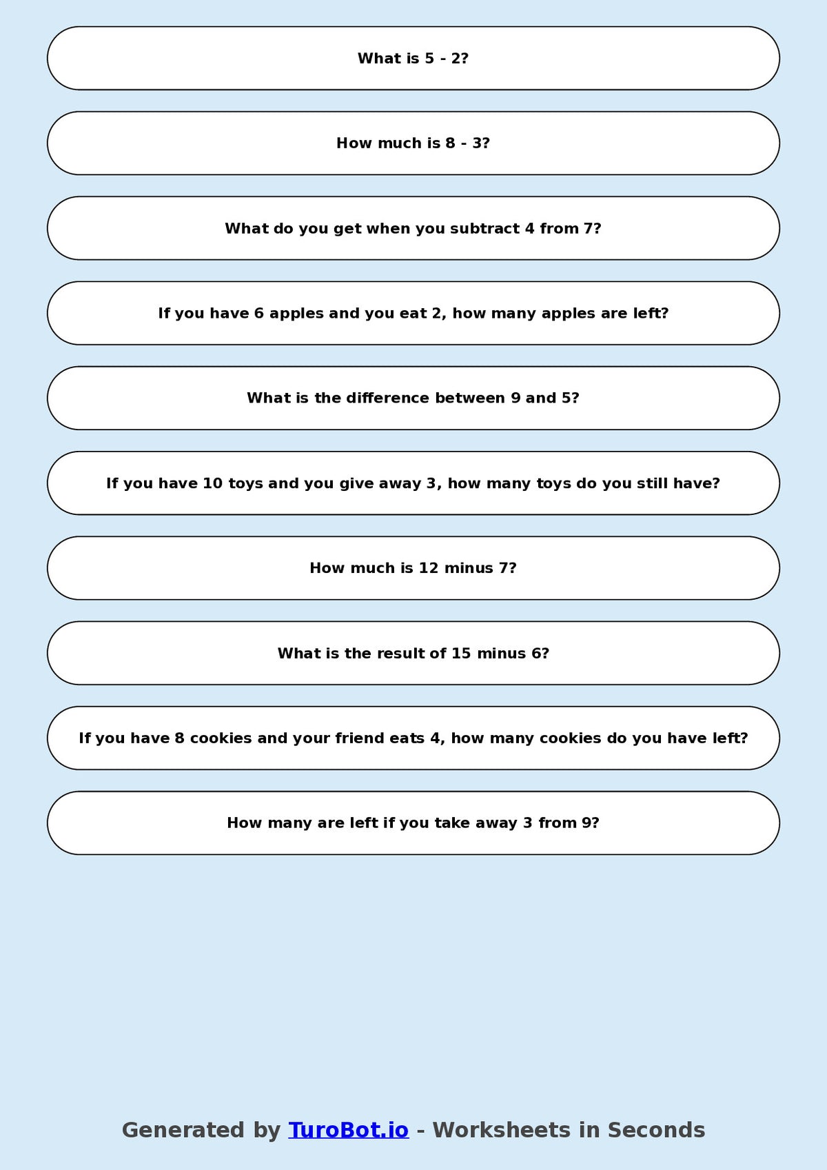 Math - Year 2 - Subtraction Practice