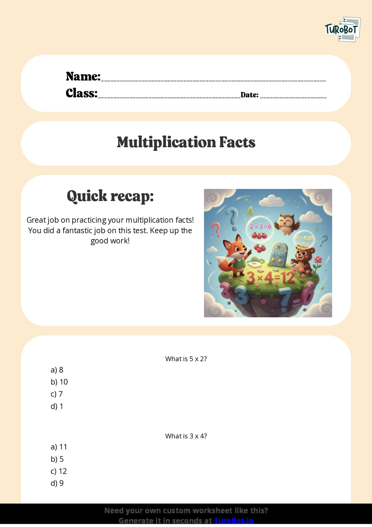 Free Worksheet - Year 3 Mathematics Multiplication Facts Practice Multiple Choice