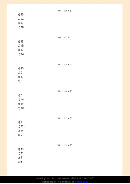 Free Worksheet - Year 3 Mathematics Multiplication Facts Practice Multiple Choice
