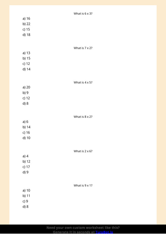 Free Worksheet - Year 3 Mathematics Multiplication Facts Practice Multiple Choice