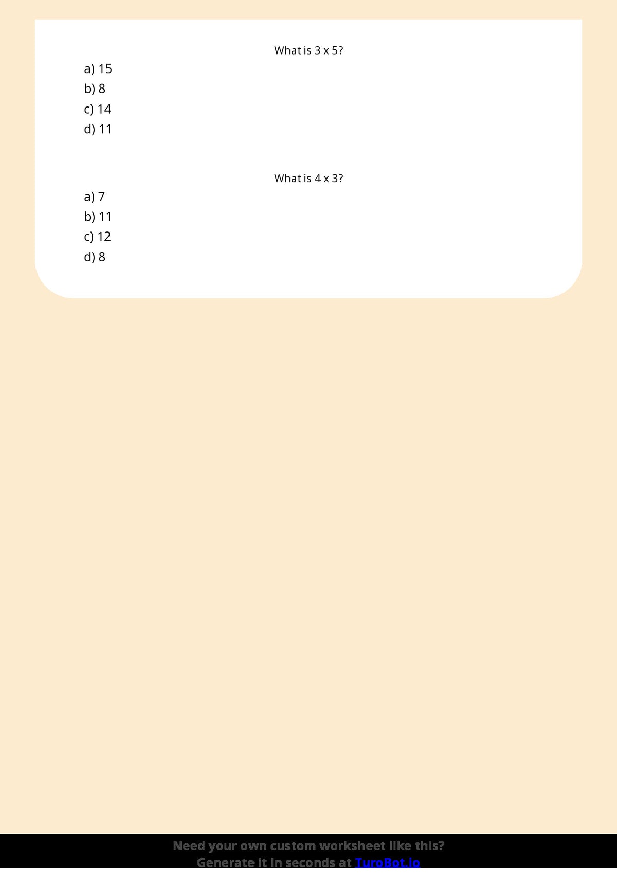 Free Worksheet - Year 3 Mathematics Multiplication Facts Practice Multiple Choice