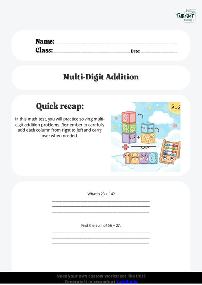 Free Worksheet - Year 3 Math Solving Multi-Digit Addition Problems Short Answer Response