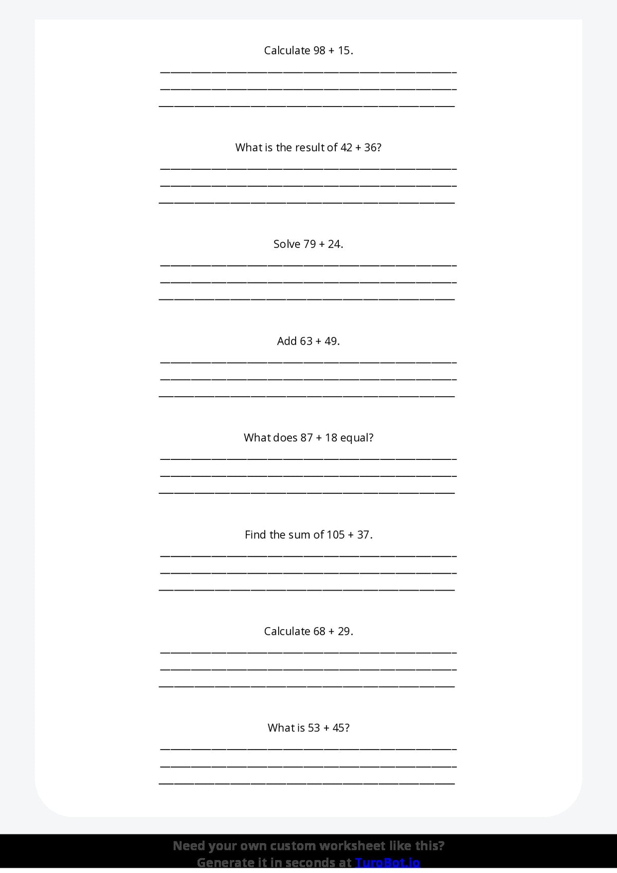 Free Worksheet - Year 3 Math Solving Multi-Digit Addition Problems Short Answer Response