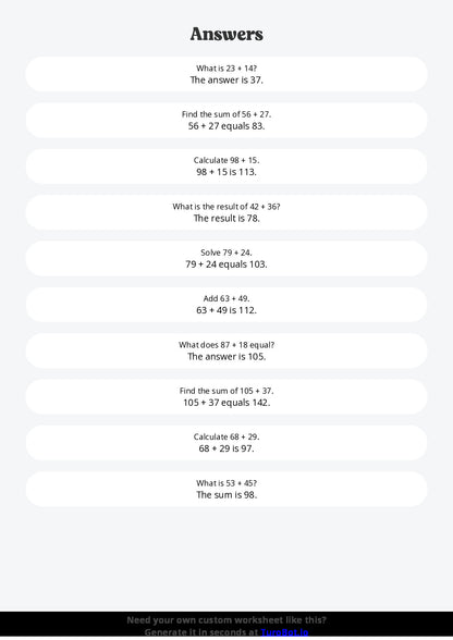 Free Worksheet - Year 3 Math Solving Multi-Digit Addition Problems Short Answer Response