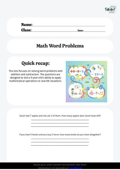 Free Worksheet - Year 4 Math Solving Word Problems with Addition and Subtraction Short Answer Response