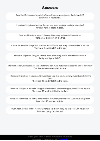 Free Worksheet - Year 4 Math Solving Word Problems with Addition and Subtraction Short Answer Response