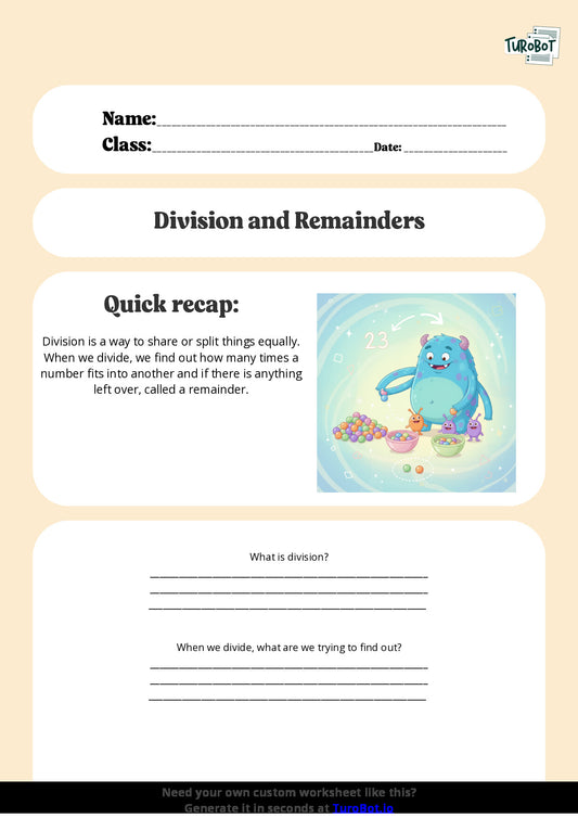 Free Worksheet - Year 4 Math Understanding Division and Remainders Short Answer Response