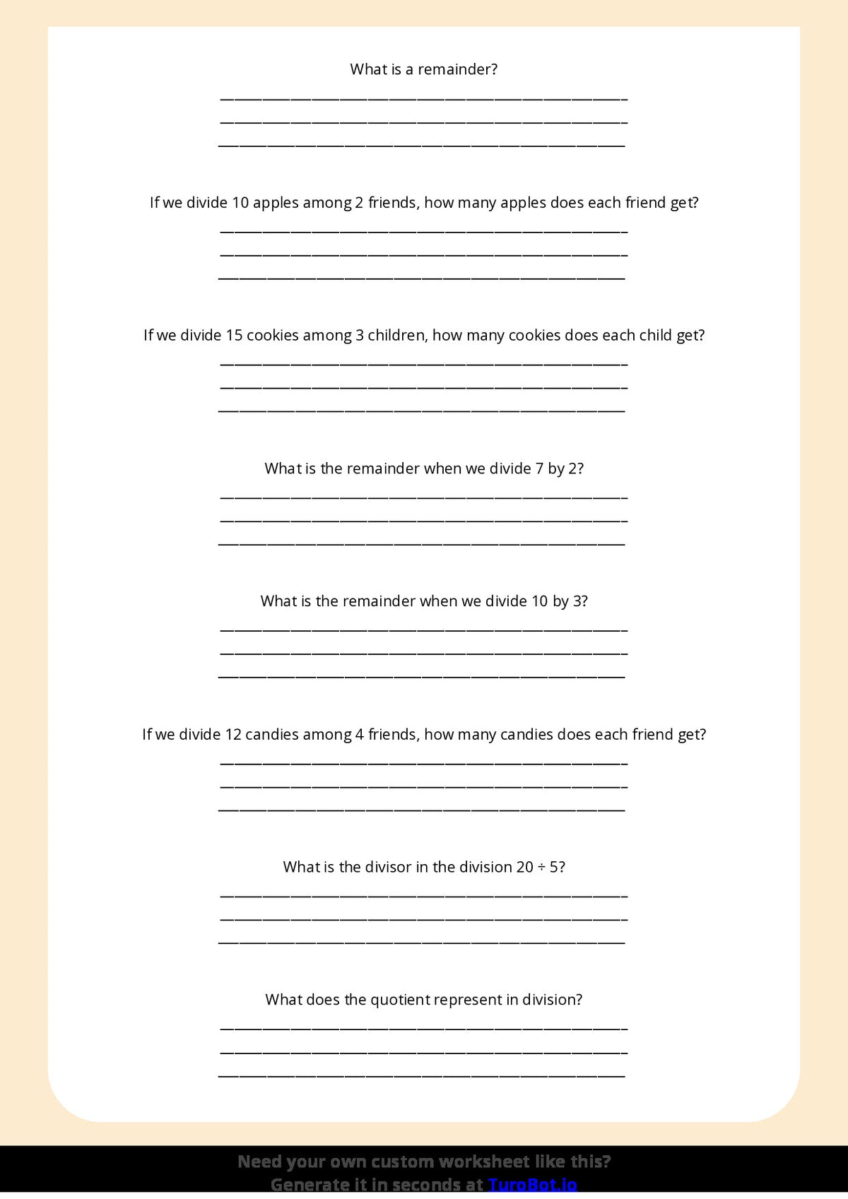 Free Worksheet - Year 4 Math Understanding Division and Remainders Short Answer Response