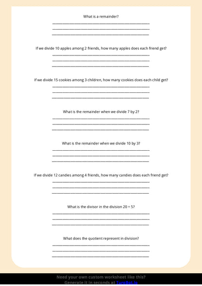 Free Worksheet - Year 4 Math Understanding Division and Remainders Short Answer Response