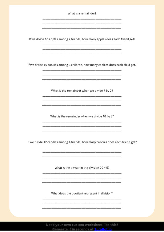 Free Worksheet - Year 4 Math Understanding Division and Remainders Short Answer Response