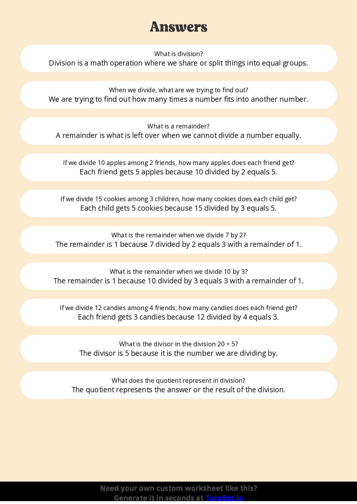 Free Worksheet - Year 4 Math Understanding Division and Remainders Short Answer Response