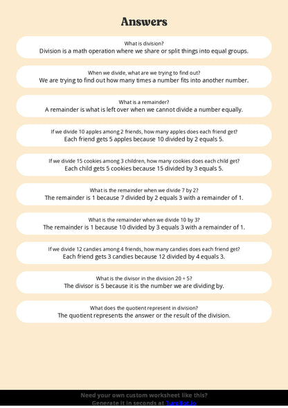 Free Worksheet - Year 4 Math Understanding Division and Remainders Short Answer Response