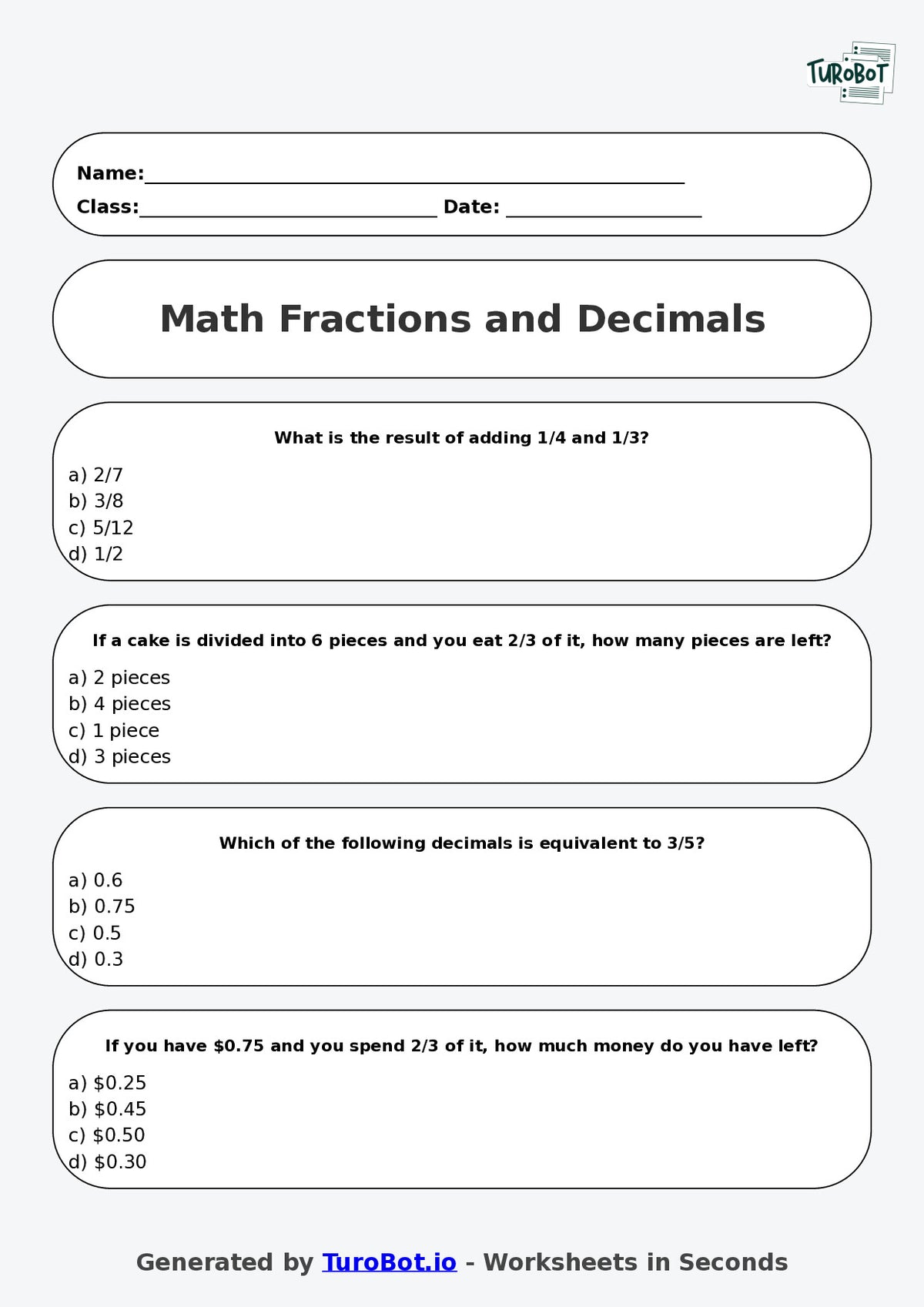 Math - Year 5 - Fractions and Decimals