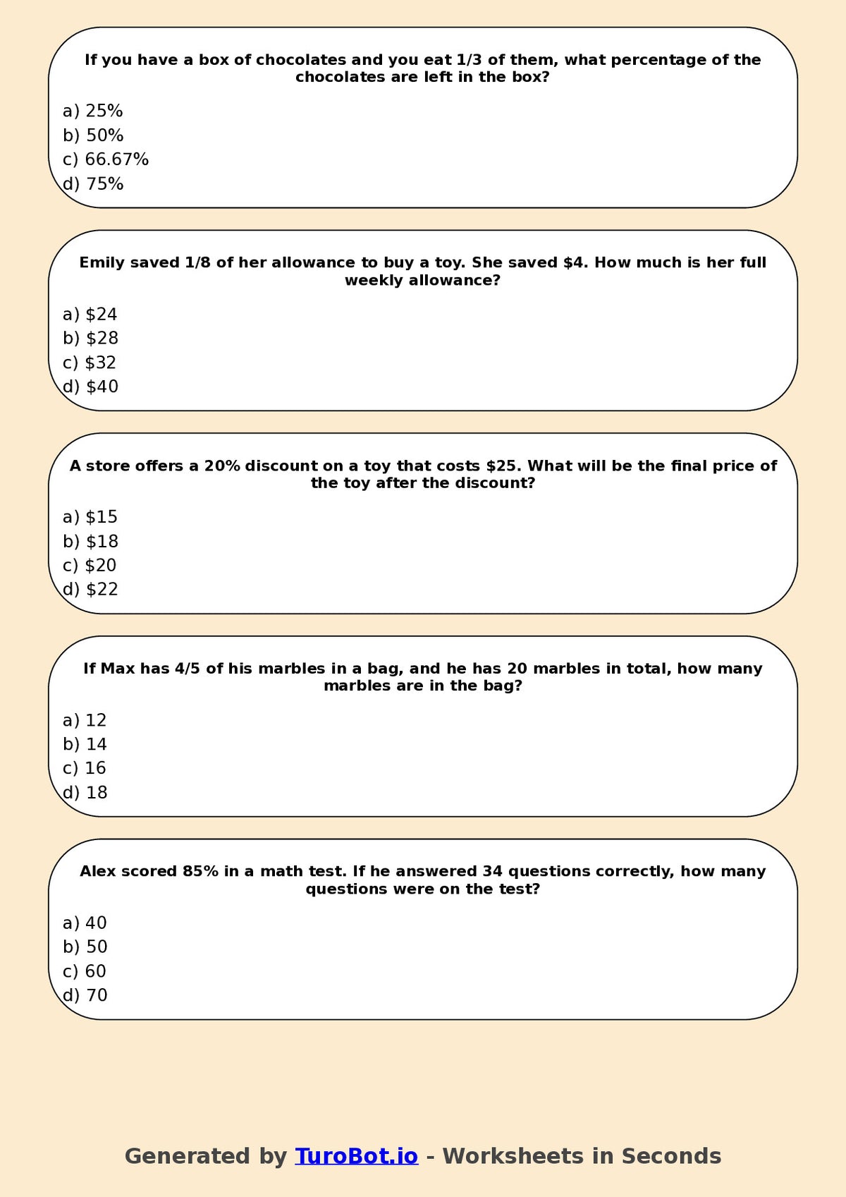 Year 5 Math Multiple Choice Worksheet – Fractions and Percentages Applications