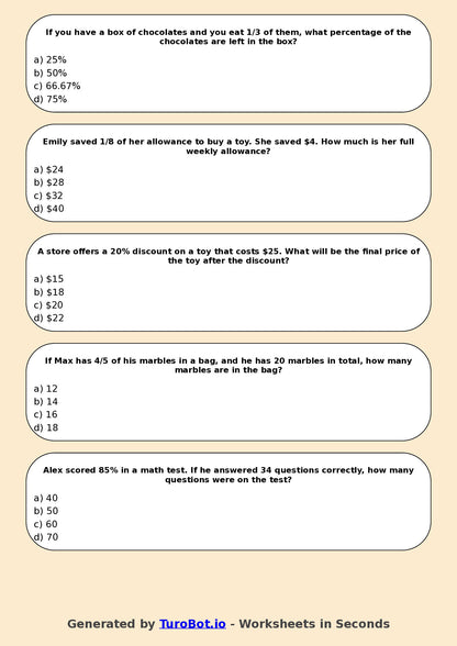 Year 5 Math Multiple Choice Worksheet – Fractions and Percentages Applications