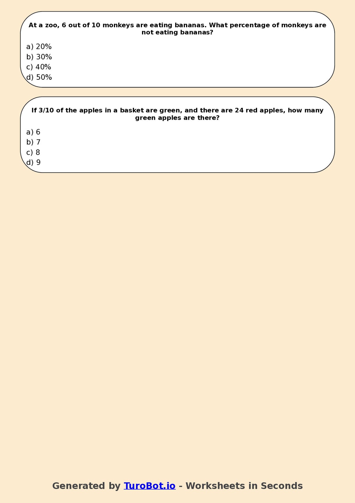 Year 5 Math Multiple Choice Worksheet – Fractions and Percentages Applications