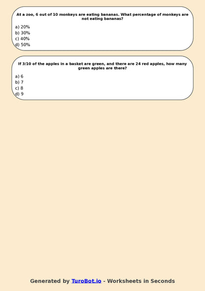 Year 5 Math Multiple Choice Worksheet – Fractions and Percentages Applications