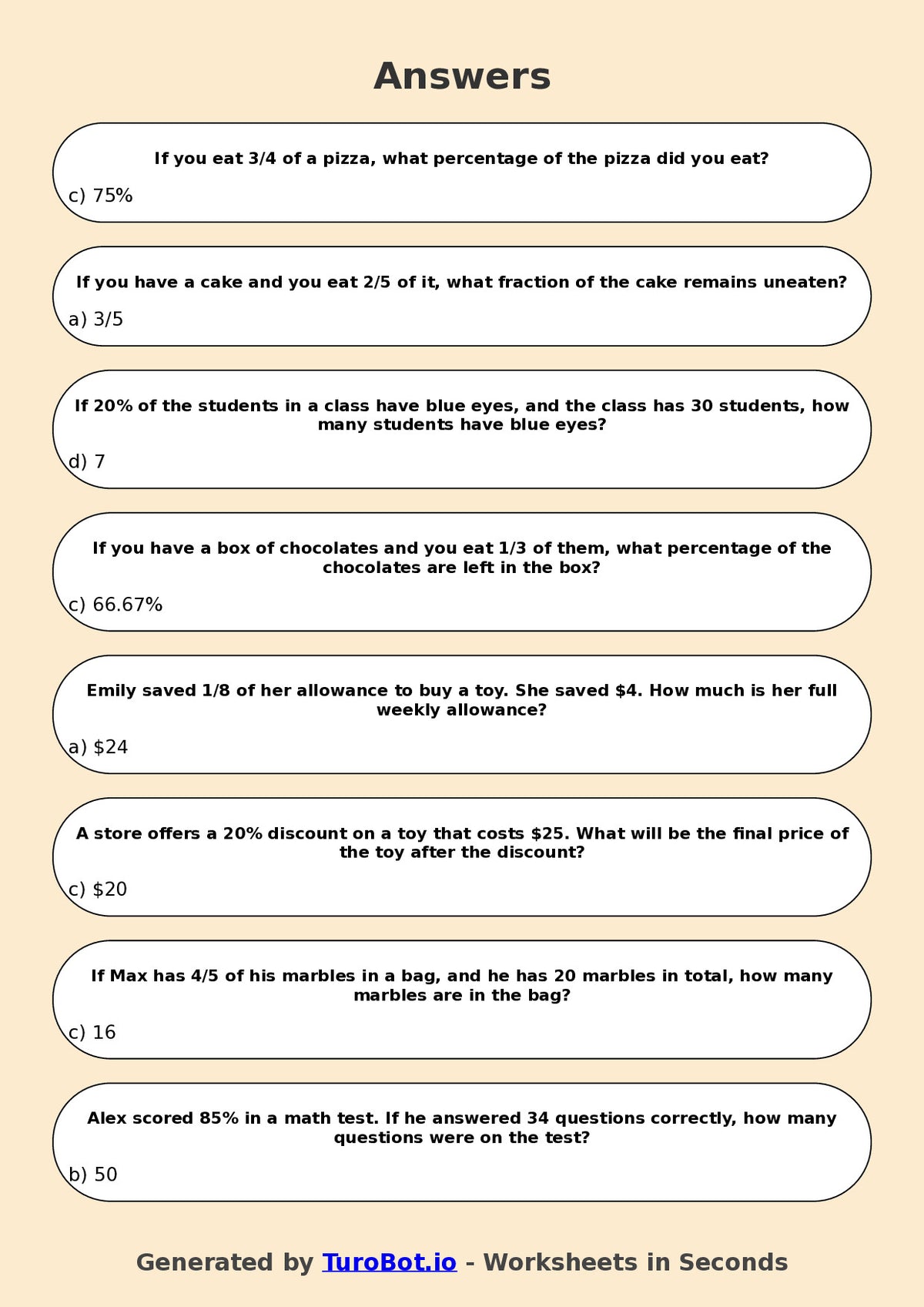 Year 5 Math Multiple Choice Worksheet – Fractions and Percentages Applications