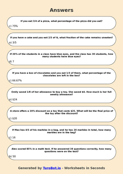 Year 5 Math Multiple Choice Worksheet – Fractions and Percentages Applications