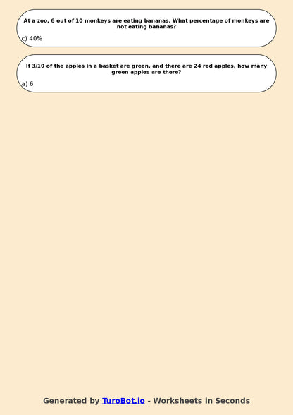 Year 5 Math Multiple Choice Worksheet – Fractions and Percentages Applications