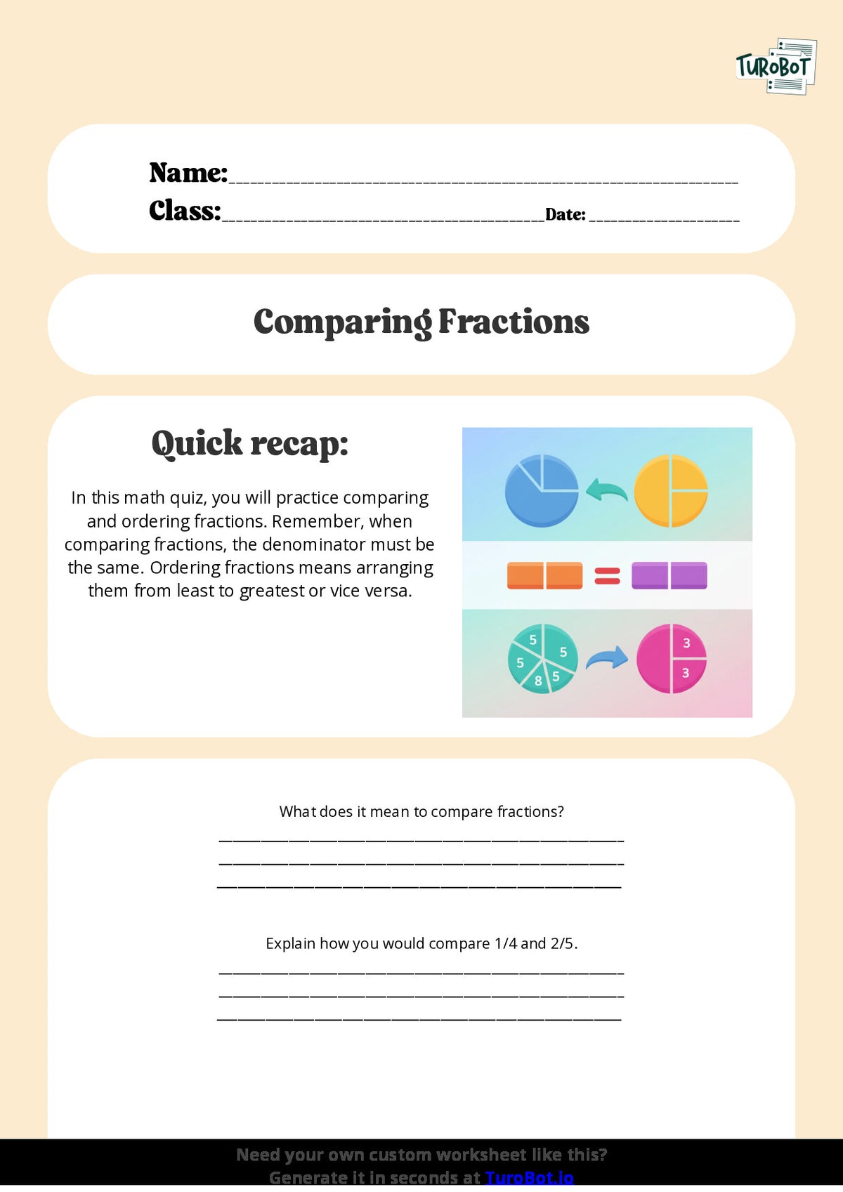 Free Worksheet - Year 5 Math Comparing and Ordering Fractions Short Answer Response
