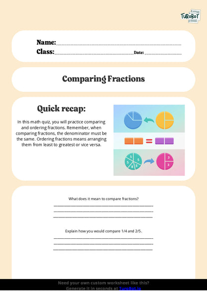 Free Worksheet - Year 5 Math Comparing and Ordering Fractions Short Answer Response