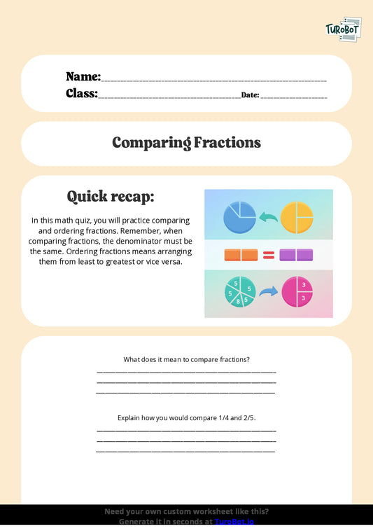 Free Worksheet - Year 5 Math Comparing and Ordering Fractions Short Answer Response