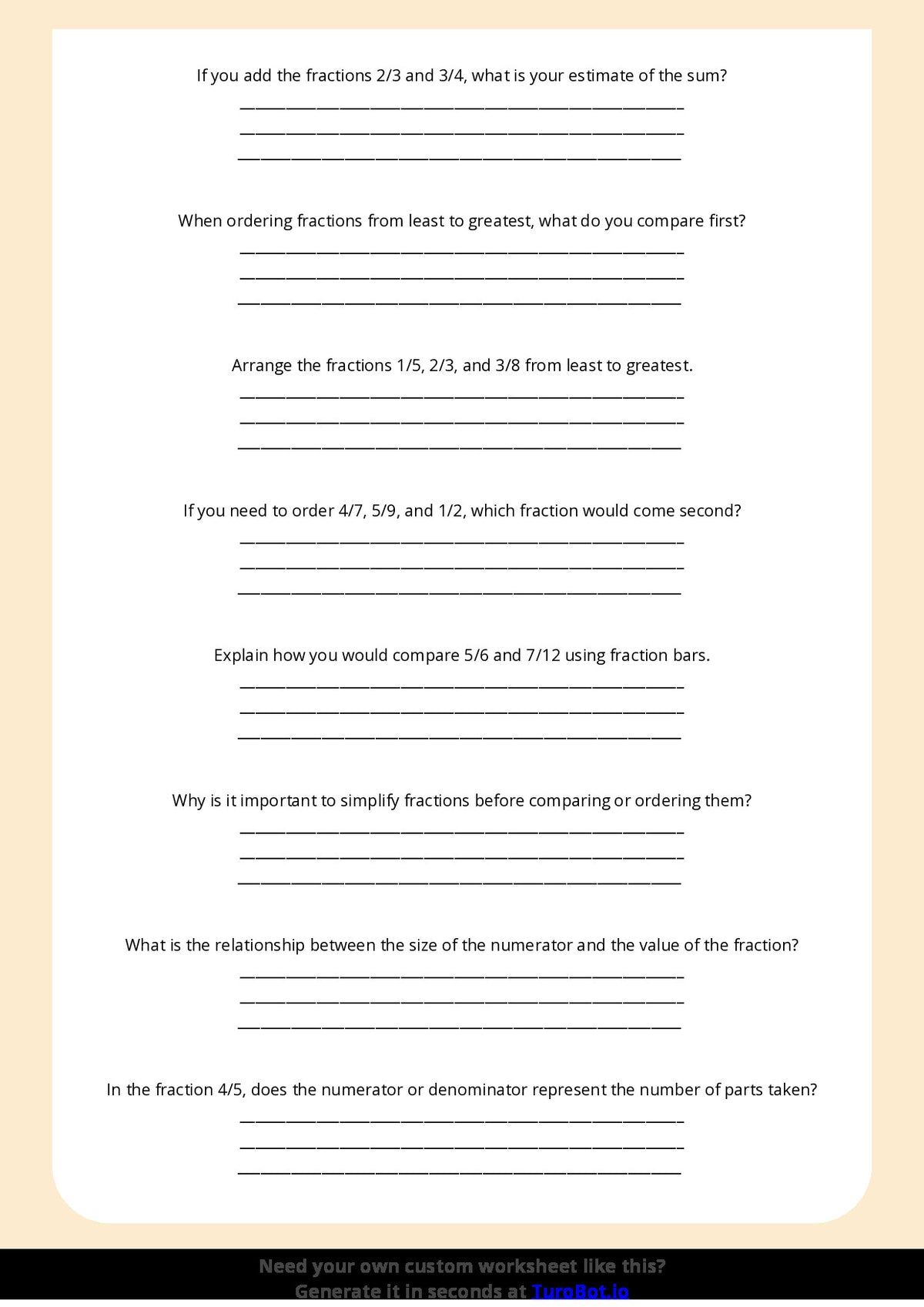 Free Worksheet - Year 5 Math Comparing and Ordering Fractions Short Answer Response