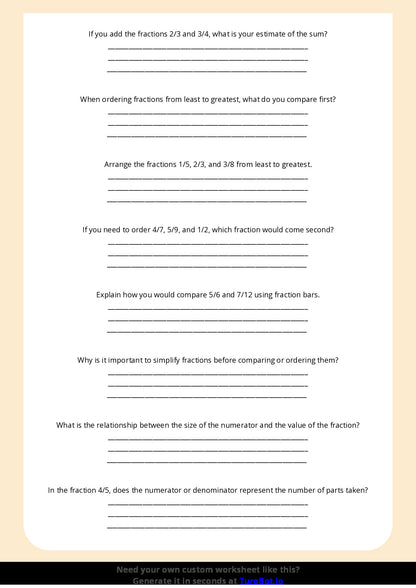 Free Worksheet - Year 5 Math Comparing and Ordering Fractions Short Answer Response