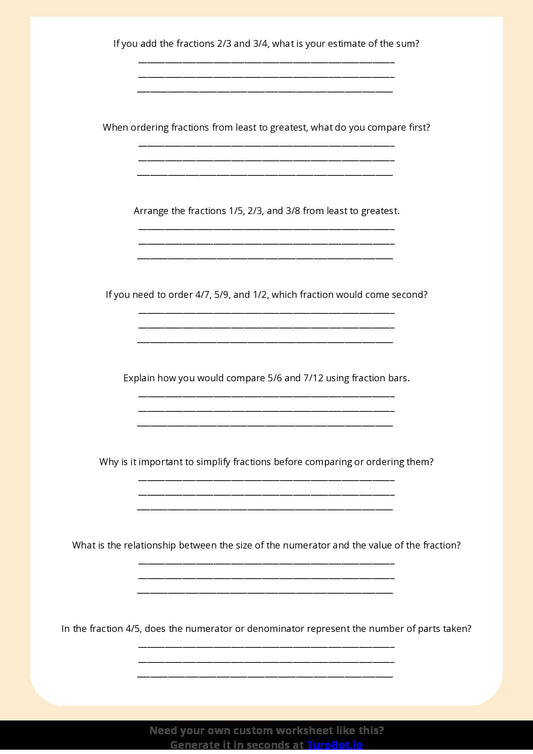 Free Worksheet - Year 5 Math Comparing and Ordering Fractions Short Answer Response