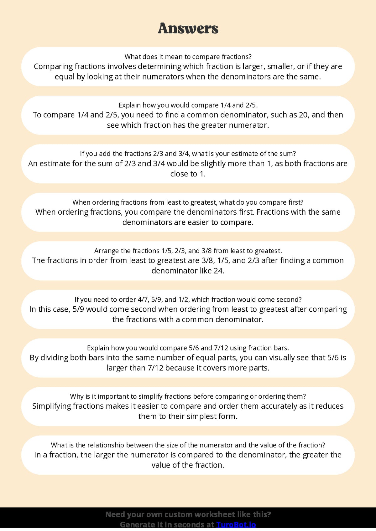Free Worksheet - Year 5 Math Comparing and Ordering Fractions Short Answer Response