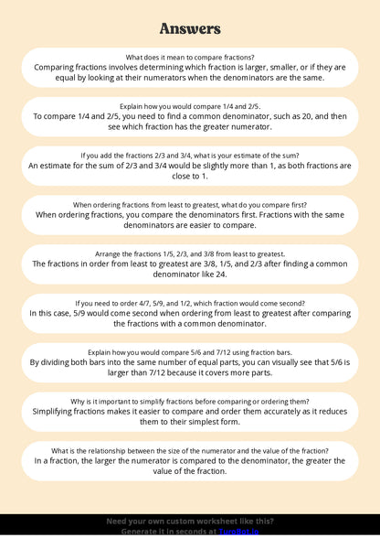 Free Worksheet - Year 5 Math Comparing and Ordering Fractions Short Answer Response