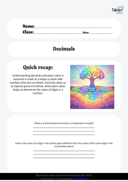 Free Worksheet - Year 5 Math Understanding Decimals and Place Value Short Answer Response