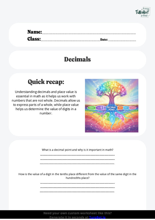 Free Worksheet - Year 5 Math Understanding Decimals and Place Value Short Answer Response