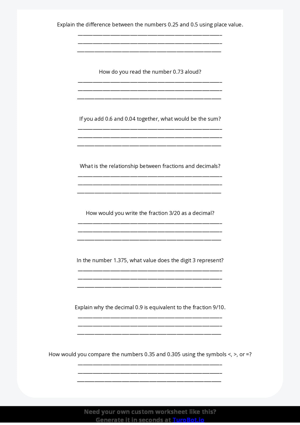 Free Worksheet - Year 5 Math Understanding Decimals and Place Value Short Answer Response