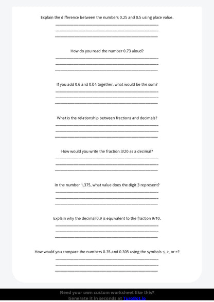 Free Worksheet - Year 5 Math Understanding Decimals and Place Value Short Answer Response