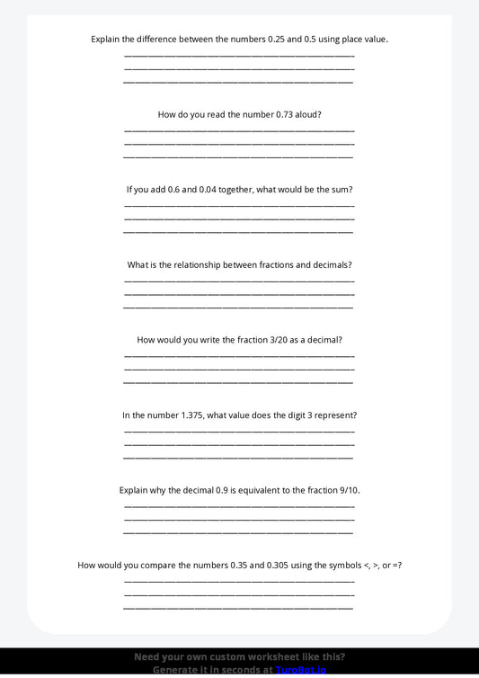 Free Worksheet - Year 5 Math Understanding Decimals and Place Value Short Answer Response