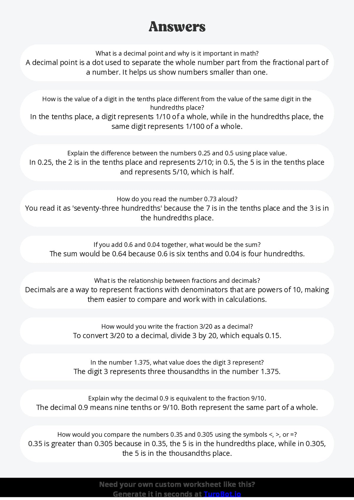 Free Worksheet - Year 5 Math Understanding Decimals and Place Value Short Answer Response