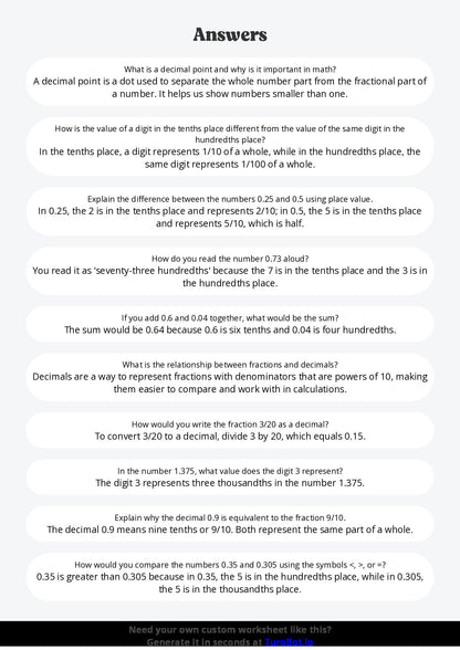 Free Worksheet - Year 5 Math Understanding Decimals and Place Value Short Answer Response