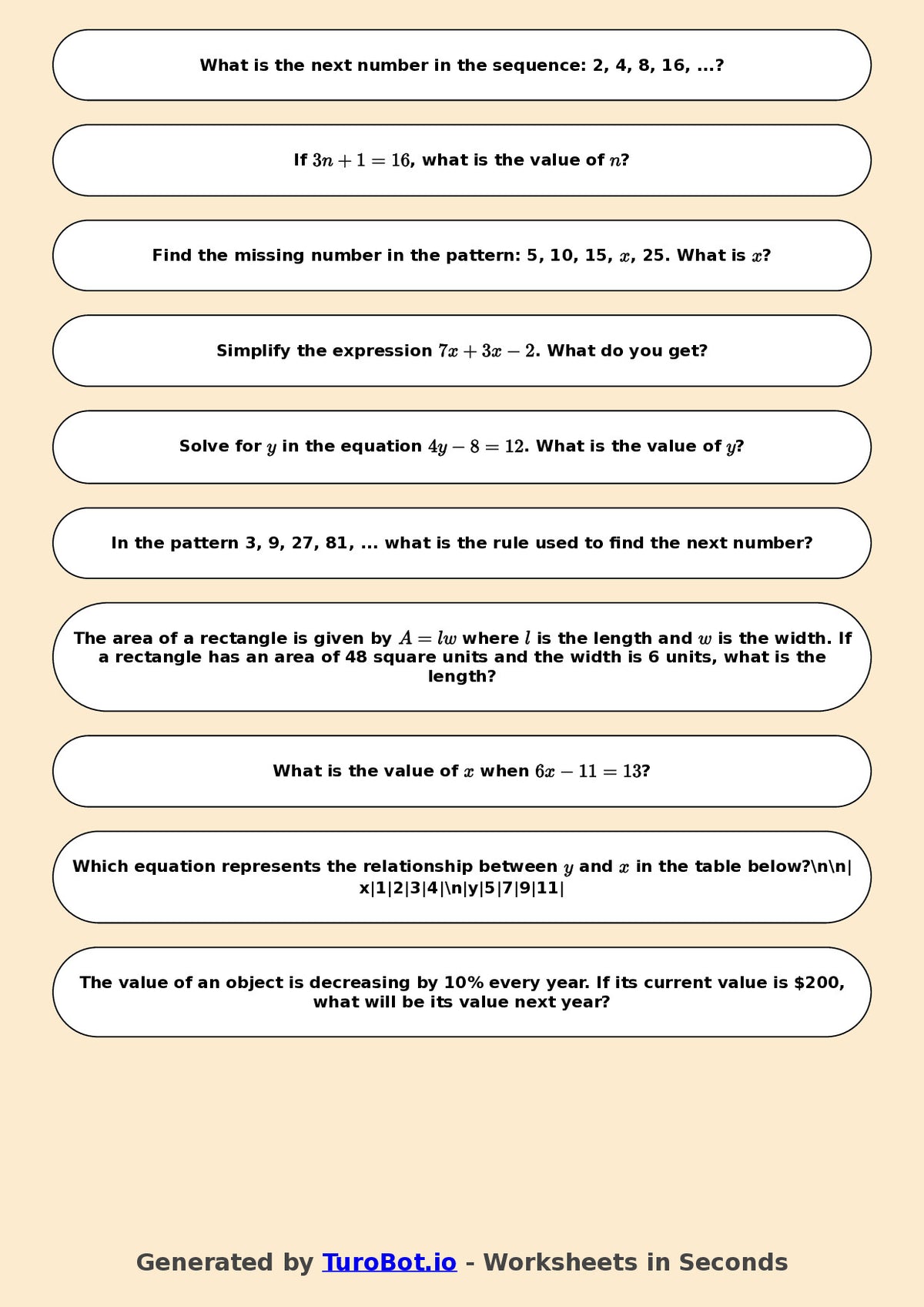 Year 8 Math Worksheet – Algebraic Patterns 2