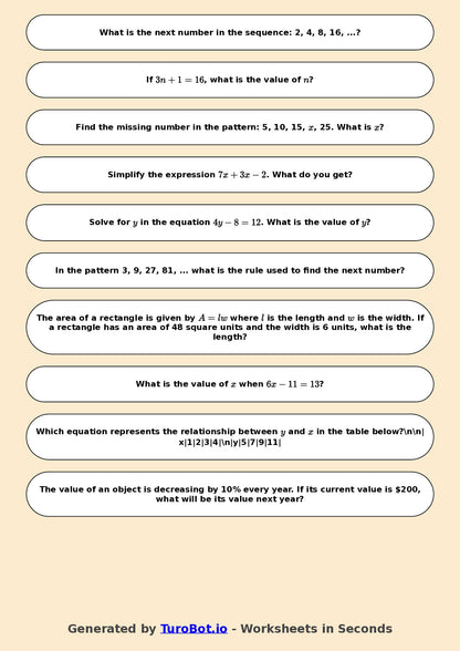 Year 8 Math Worksheet – Algebraic Patterns 2