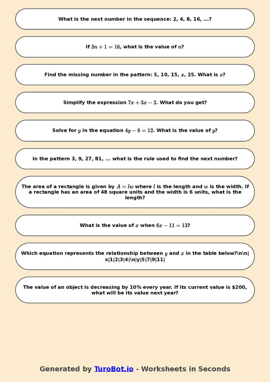 Year 8 Math Worksheet – Algebraic Patterns 2