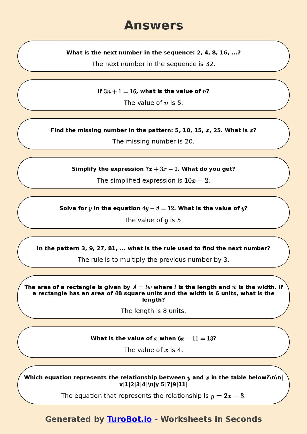 Year 8 Math Worksheet – Algebraic Patterns 2