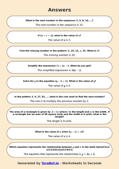 Year 8 Math Worksheet – Algebraic Patterns 2